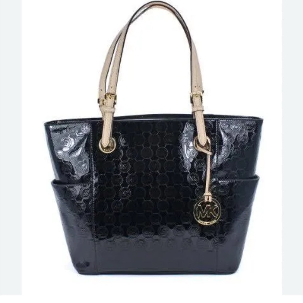 Michael Kors Black Signature Patent Leather Jet Set  Black Tote with Tan Accents
